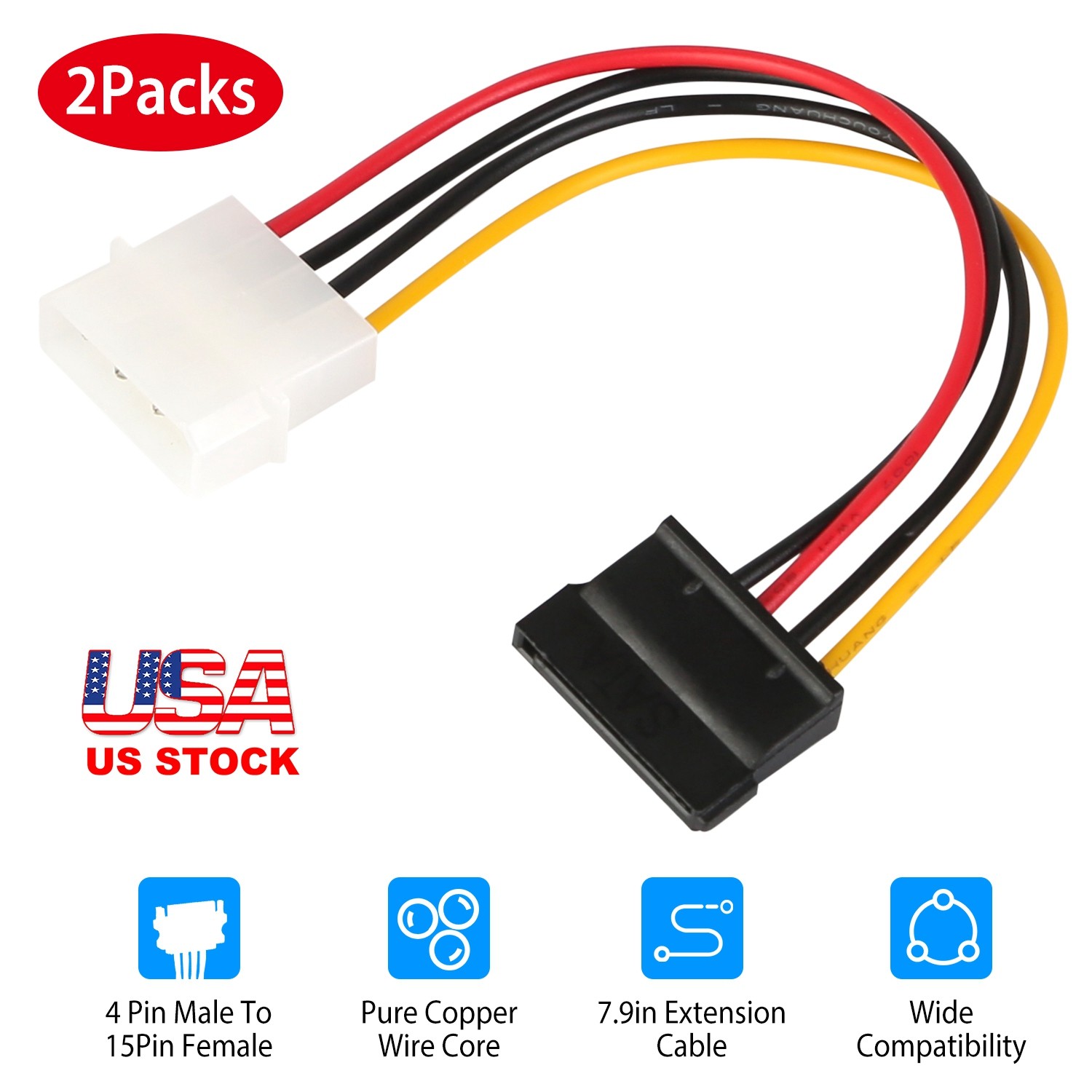 2Pcs 4Pin Male To 15Pin Female Cable Adapter Converter for Hard Drives Power