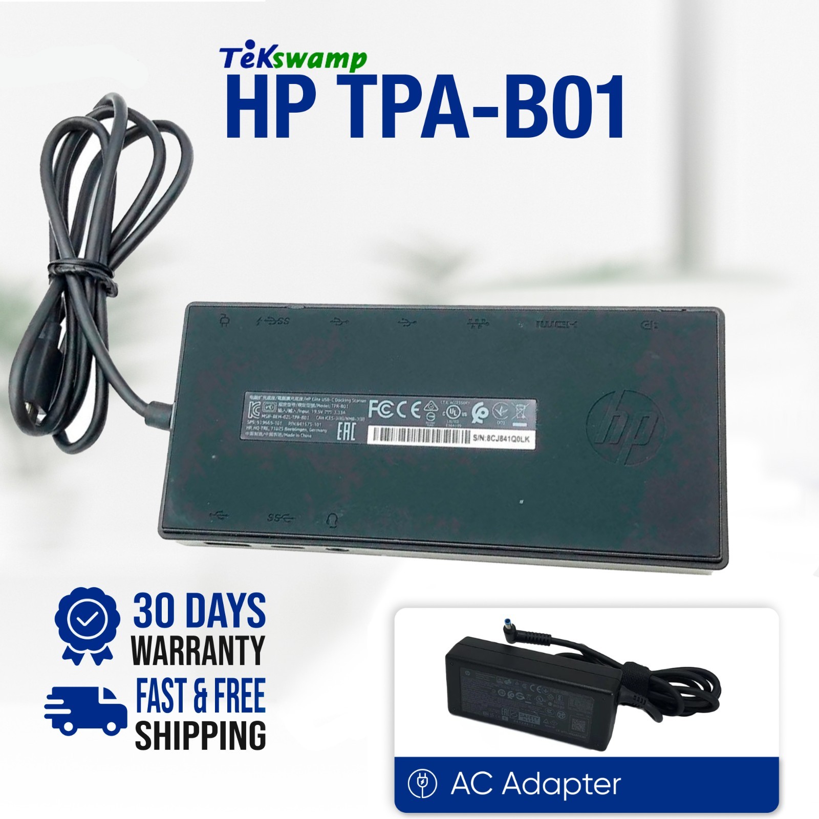 HP TPA-B01 Elite USB-C Dual Display Support Docking Station Y0K80AA#ABA w/65W AC