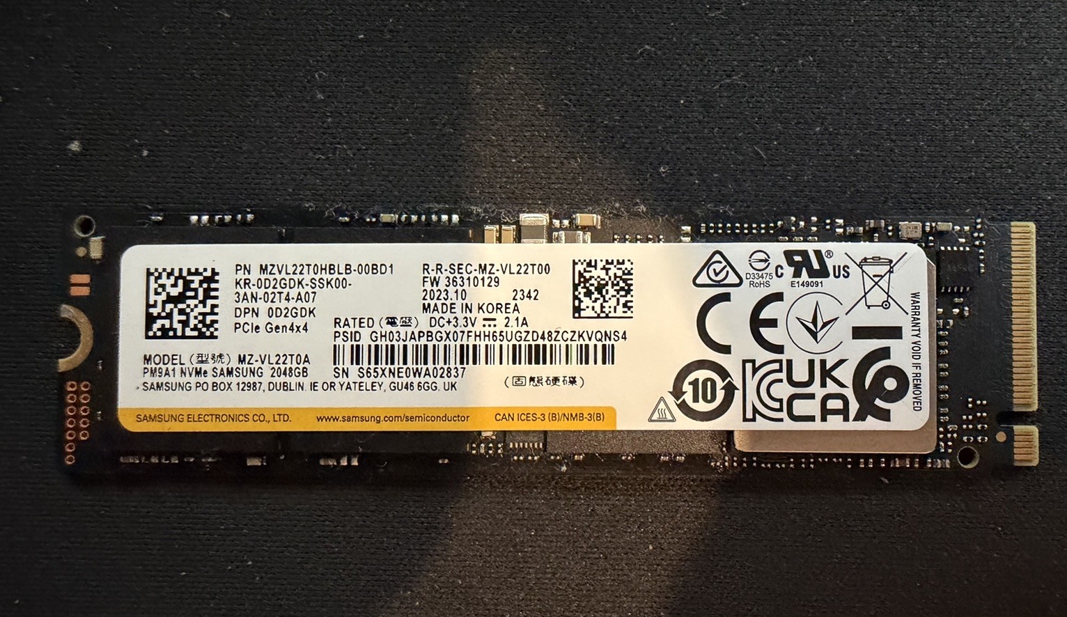 Samsung PM9A1 2TB NVMe M.2 2280 PCIe 4.0 SSD Dell D2GDK MZVL22T0HBLB