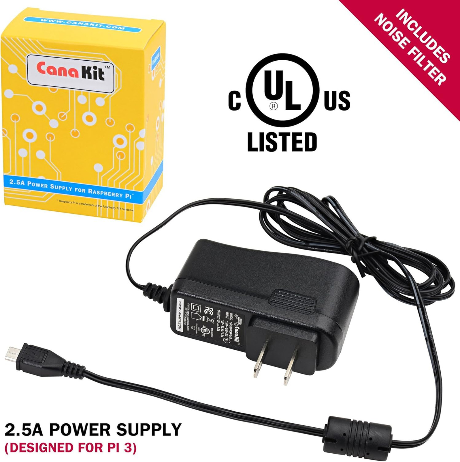 5V Power Supply Adapter for Raspberry Pi 3 B+ 2.5A UL Listed Micro USB Cable