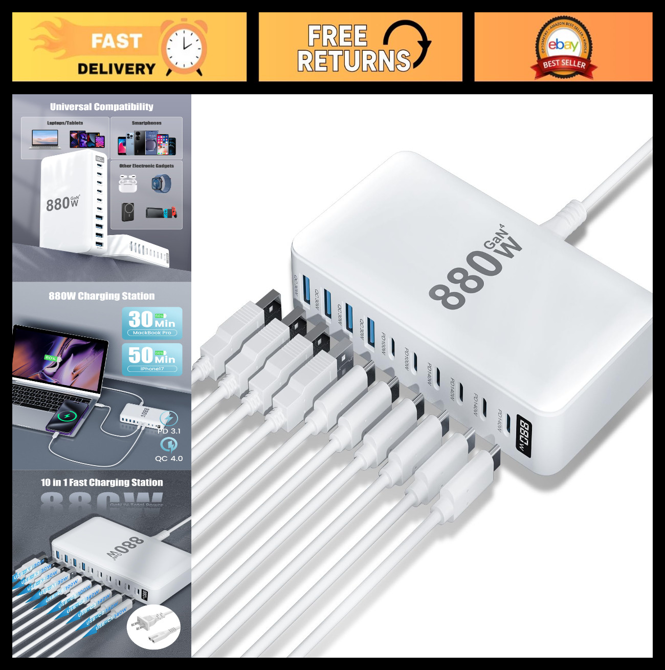 880W USB C Charger Block, GaN IV 10-Port Charging Station Hub, Fast Charging Ada