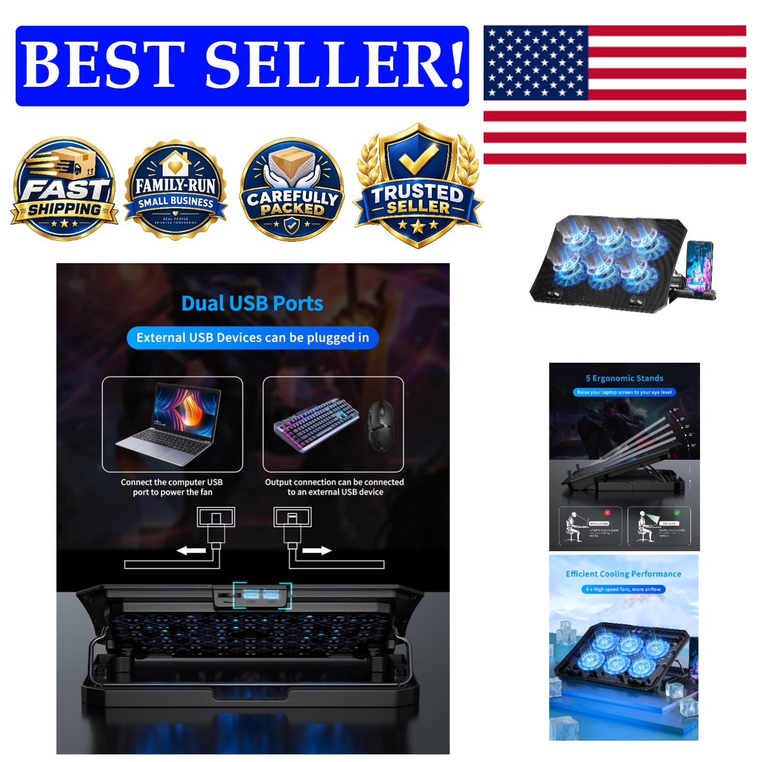 Portable Laptop Cooler with Dual USB Ports and 6 Fans - Stylish Blue Lights