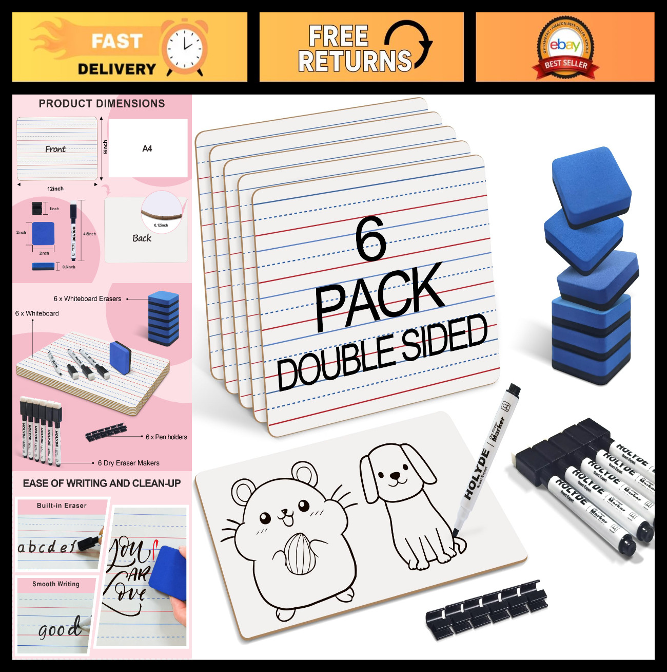 6 Pack Mini Dry Erase Boards, Double Sided Lined Whiteboards for Kids & Classroo