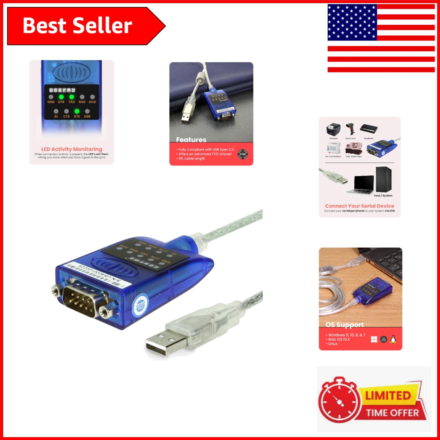 Versatile USB to RS-232 Serial Adapter with LED Testing - Supports Windows & Mac