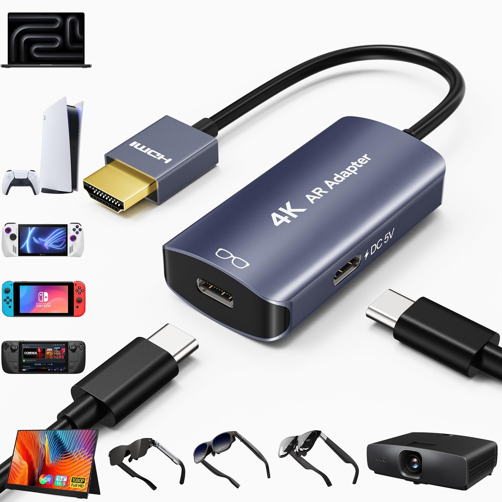 AR Glasses HDMI to USB C Adapter 4K@60Hz, XR Converter with Play and Charge...