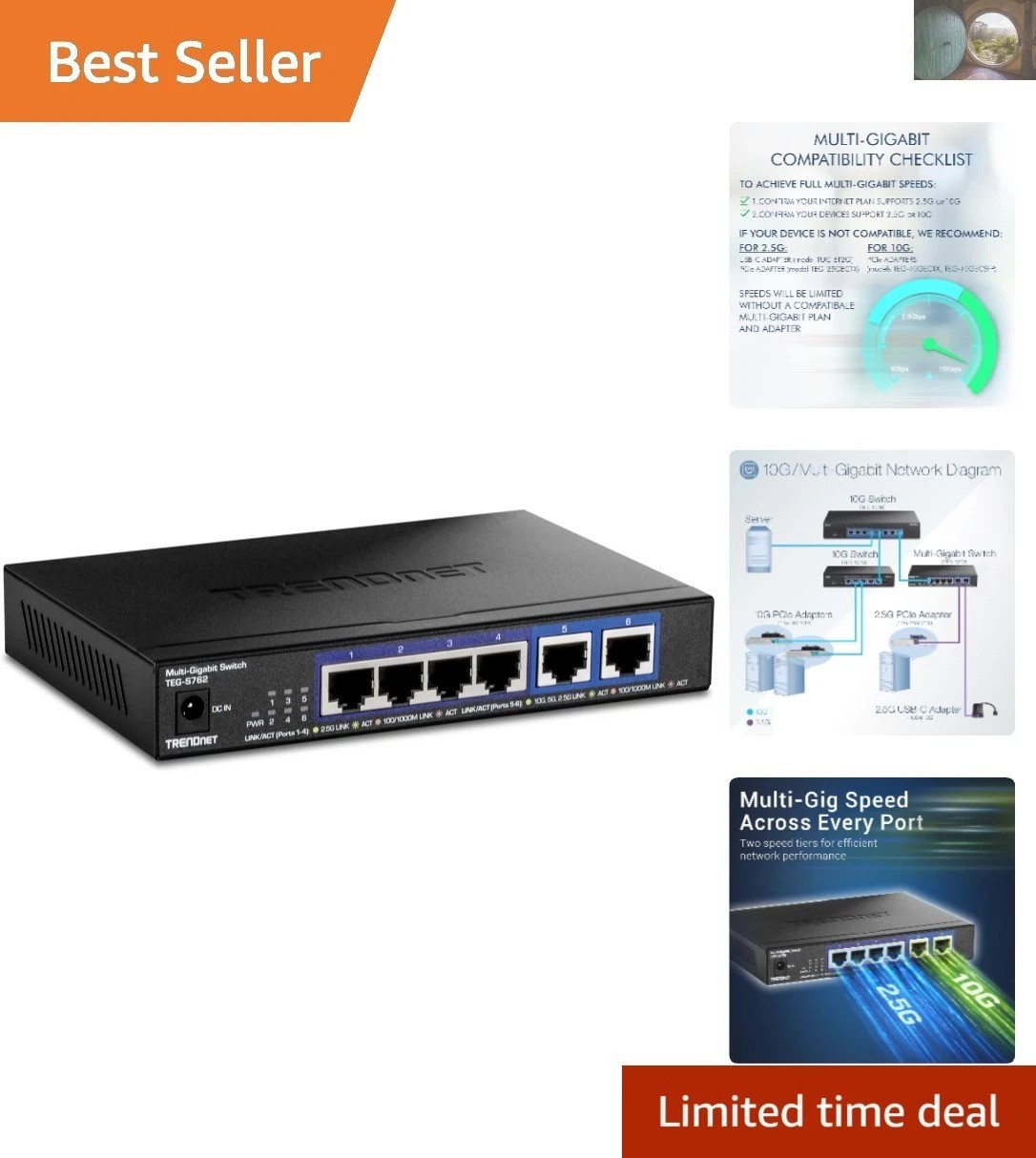 High-Speed TEG-S762 6-Port Switch - 60Gbps, Metal Construction, Wall Mountable