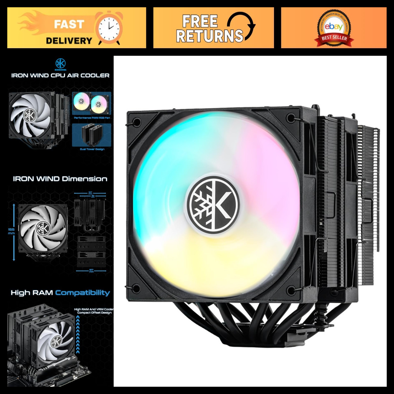 120mm ARGB Dual Tower CPU Air Cooler for AMD & Intel - High Performance, Black