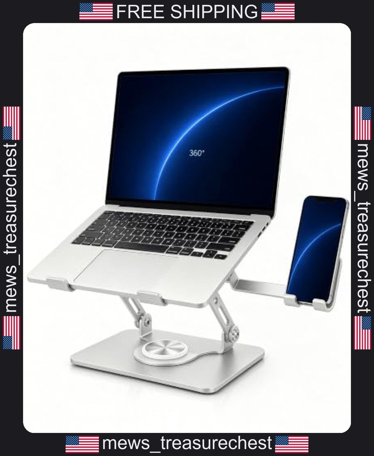 Adjustable Laptop Stand with Phone Holder, 360° Swivel, Foldable Desk Riser