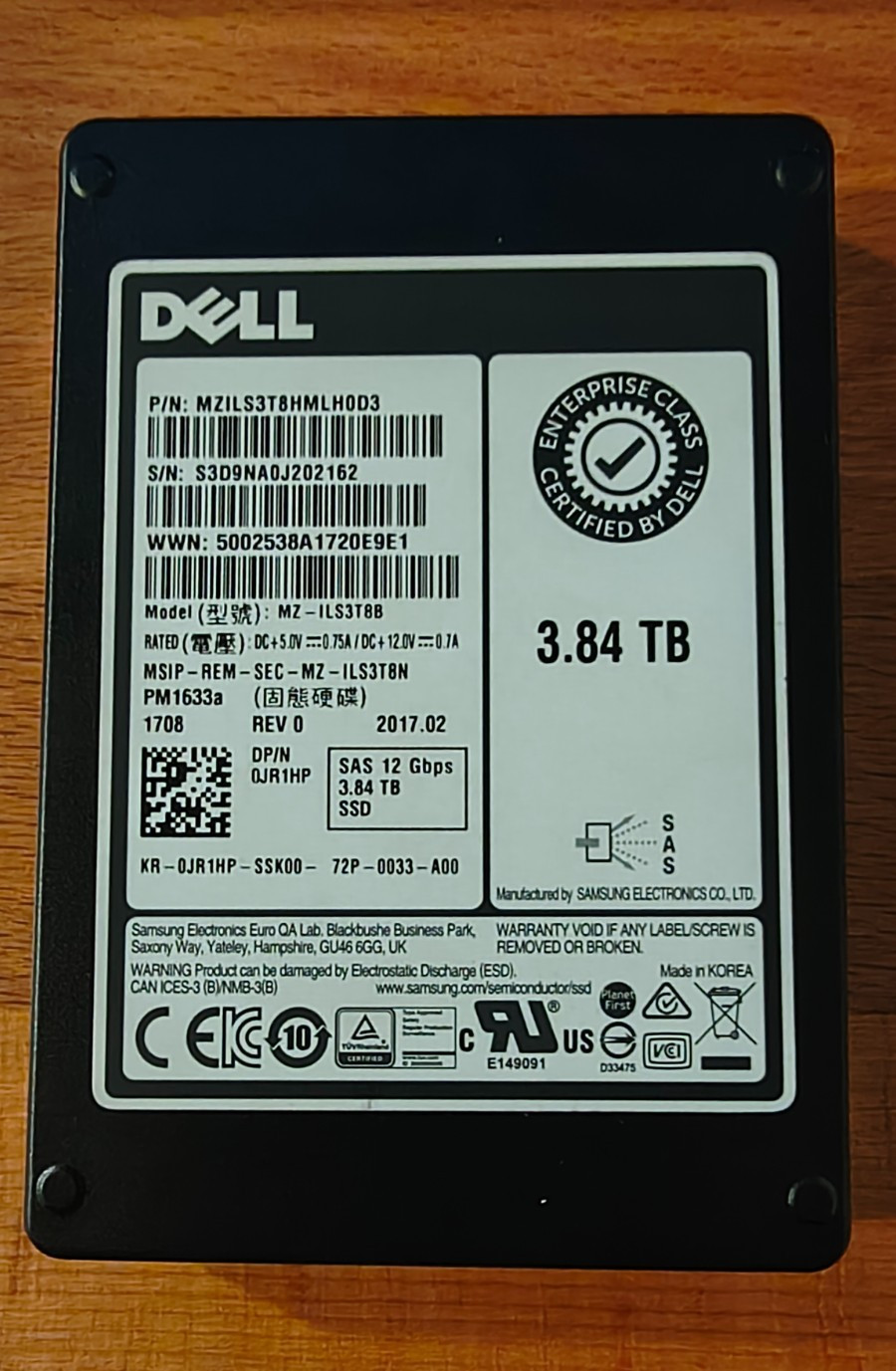 Dell EMC MZ-ILT3T8B PM1643a 3.84TB 2.5" 12Gb/s RI SAS SSD P/N: 0JR1HP 98% Health