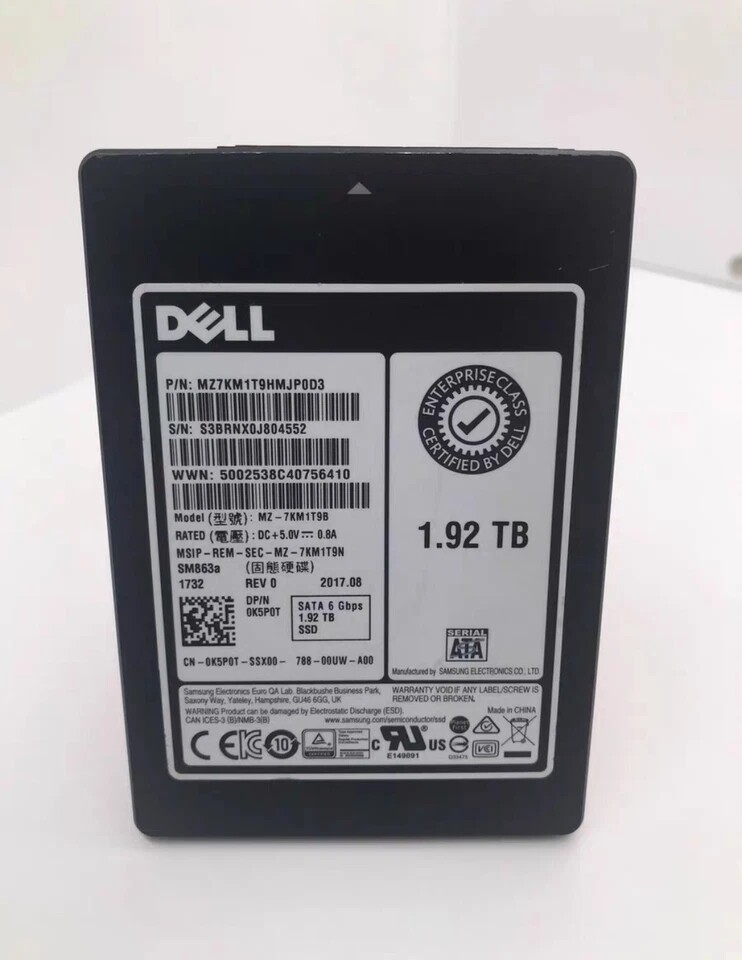 DELL Samsung SM863a 1.92TB SSD MZ-7KM1T9B SATA 6 Gbps MZ7KM1T9HMJP0D3 0K5P0T