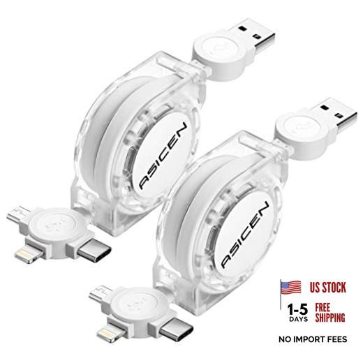 3 in 1 Retractable Multi Charging Cable, 2Pack Multi Fast Charging Cord White