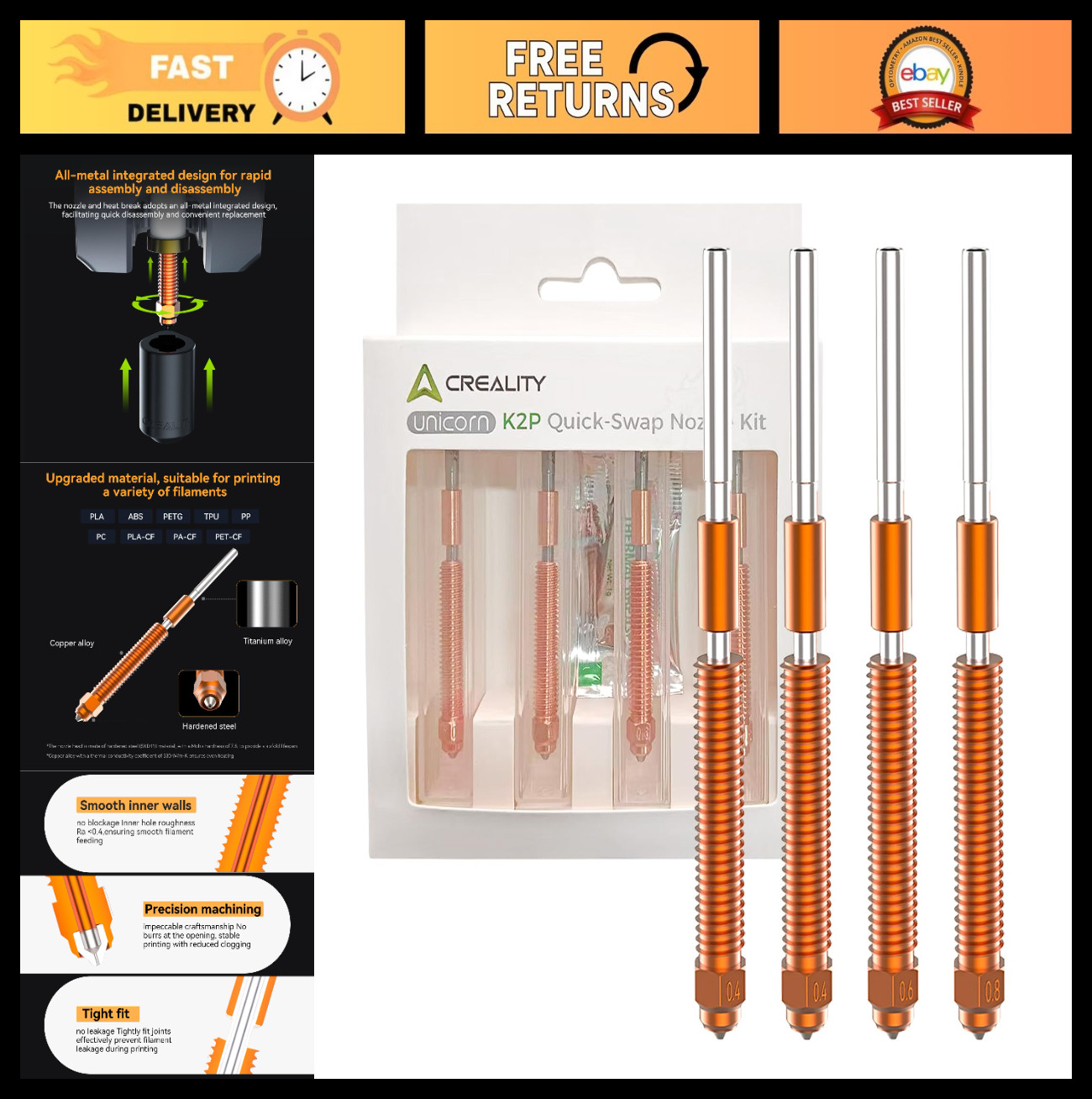 4PCS Quick-Swap Nozzle Kit for 3D Printers - 0.4mm, 0.6mm, 0.8mm, Titanium & Cop