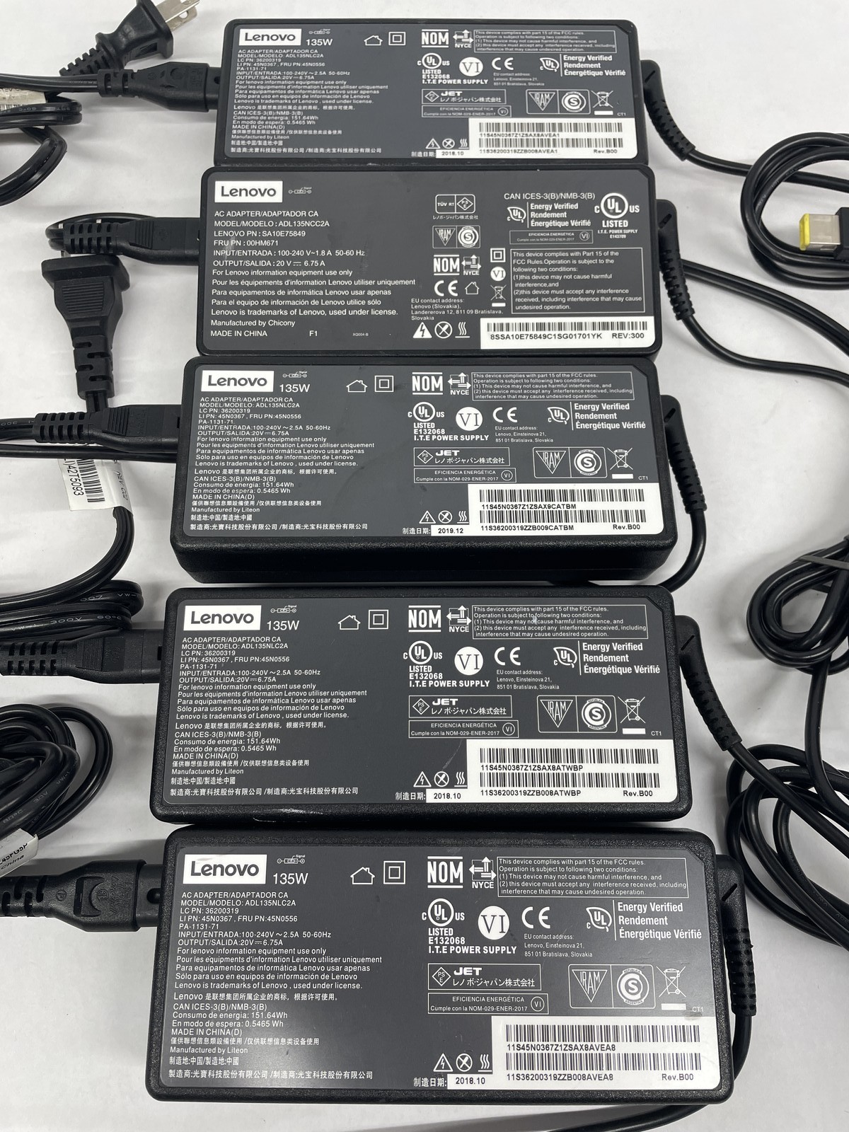Lot of 5 Lenovo OEM 135W Slim Tip 20V 6.75A AC Adapter Mixed Model
