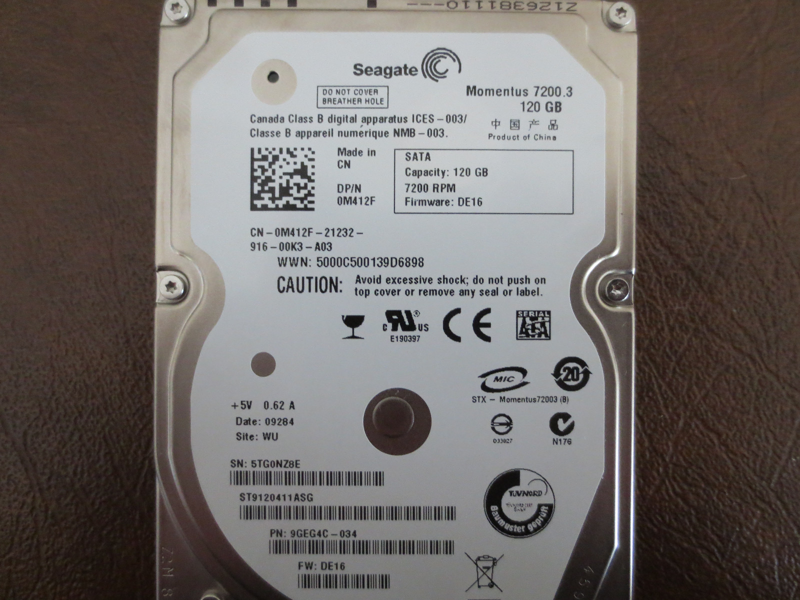 Seagate ST9120411ASG 9GEG4C-034 FW:DE16 WU 120gb 2.5" Sata Hard Drive