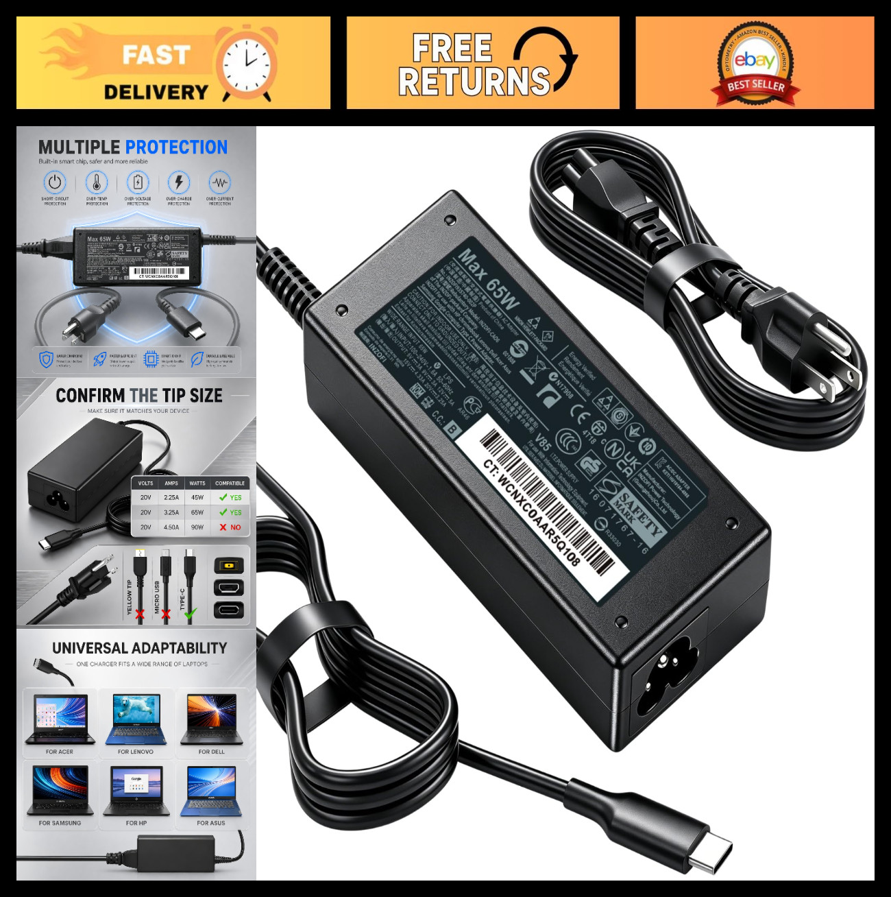 Universal PD 65W USB C Laptop Charger for HP - Pavilion Envy Spectre
