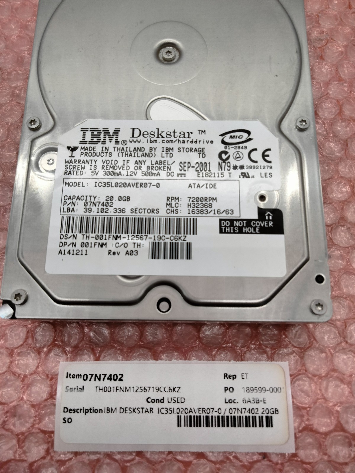 IBM DESKSTAR 07N7402 / IC35L00AVER07-0 20GB HARD DRIVE