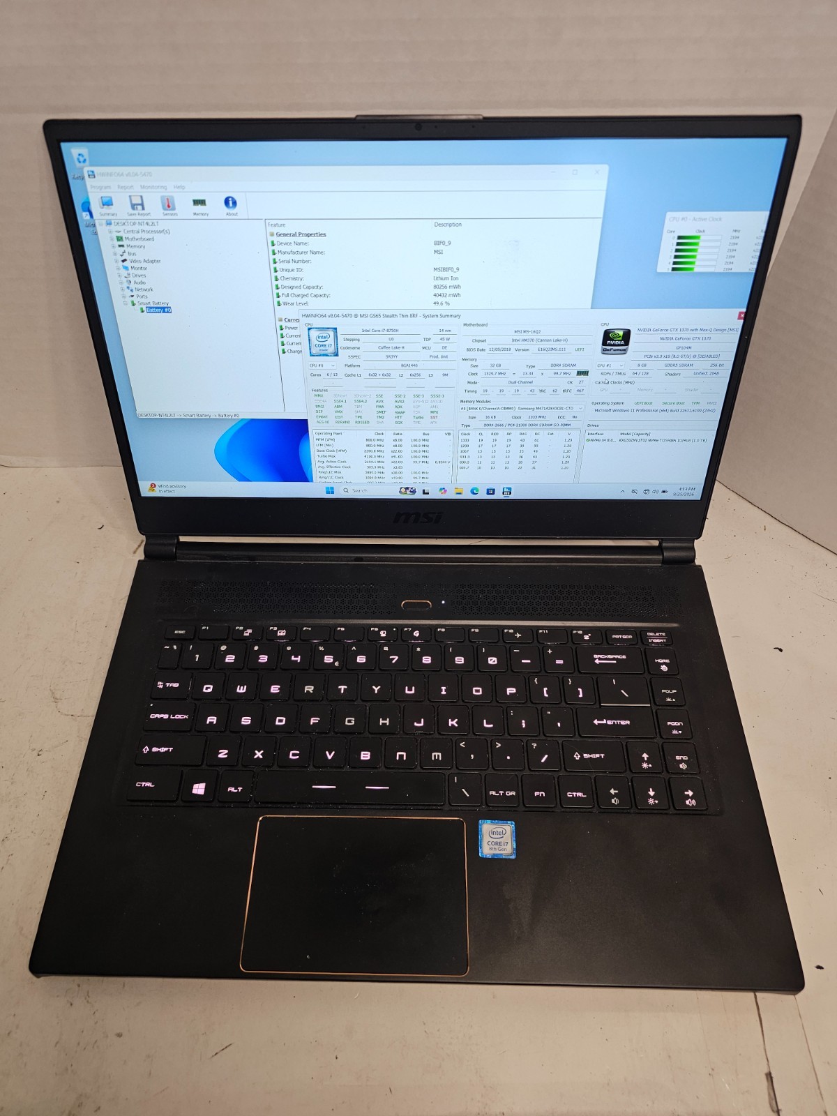 MSI GS65 Stealth Thin 8RF 15.6" i7-8750H 32GB RAM 1TB SSD Win 11 GTX 1070 #04