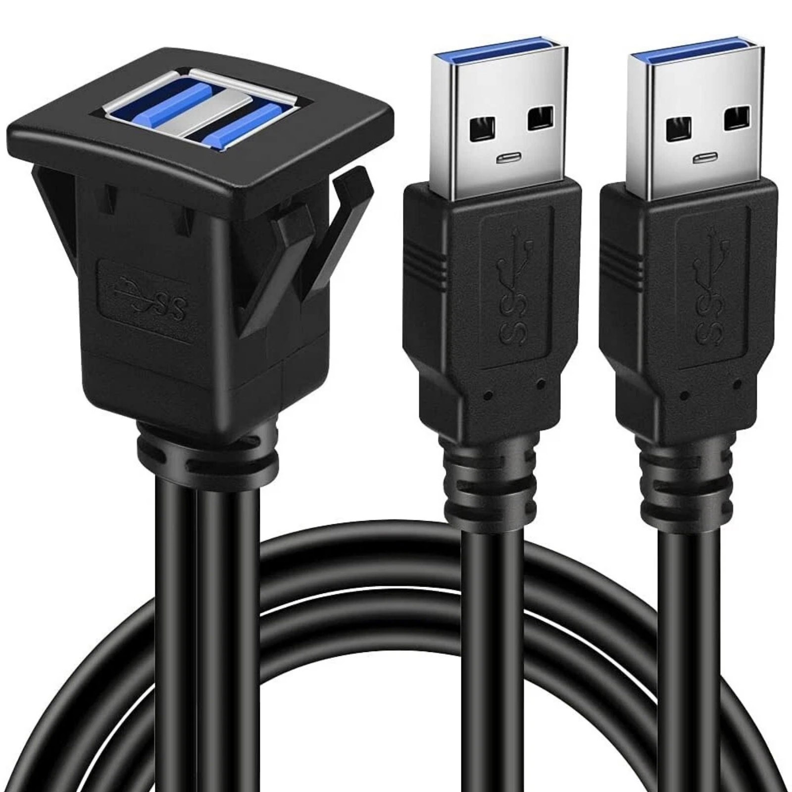 Square USB 3.0 Flush Mount Extension Cable Dual Port Panel for Vehicle Dashboard