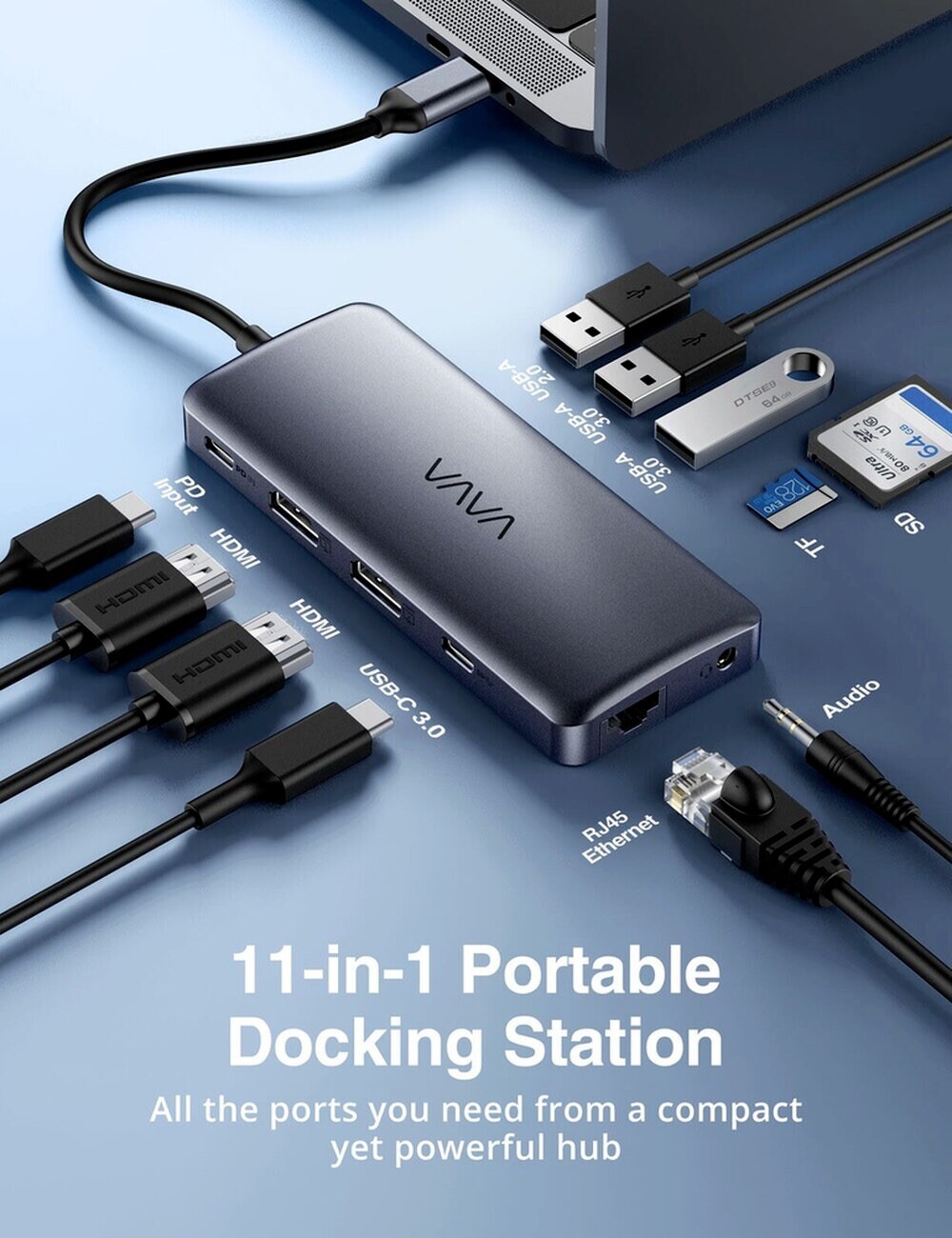 Vava USB-C Hub, 11 in 1, VA-UC018 Docking Dual 4K HDMI 100W PD Charging Adapter