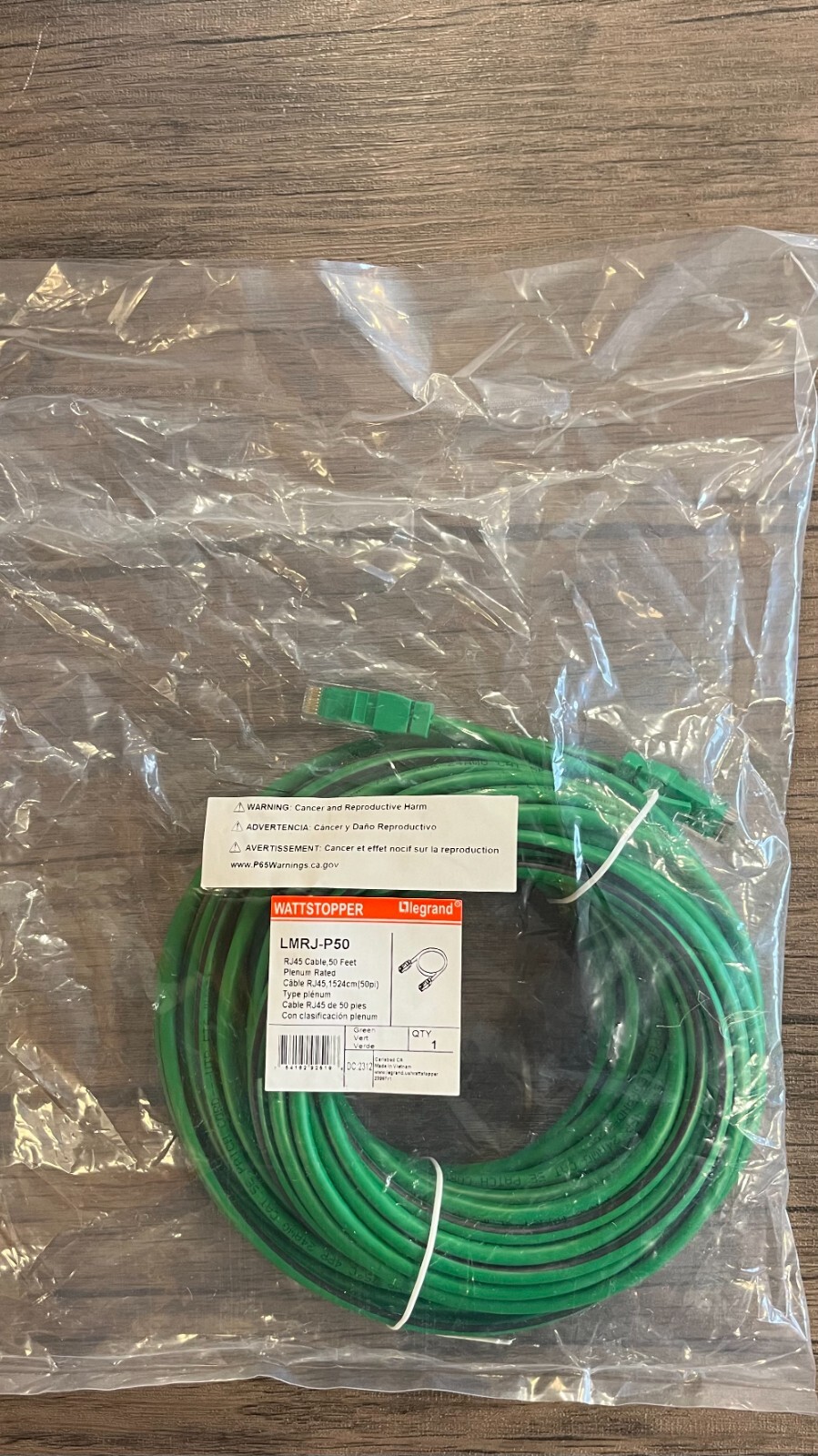 Legrand LMRJ-P50 Wattstopper RJ45 Green Plenum Rated Cable 50ft