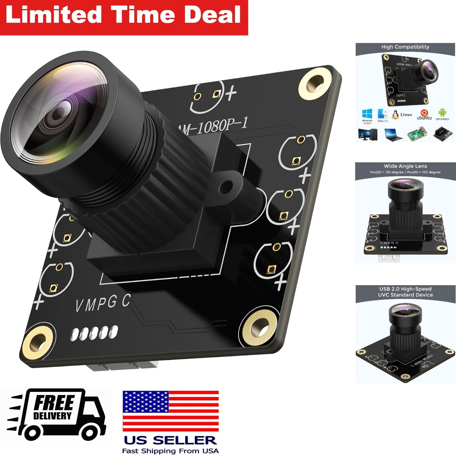 1080P UVC Camera 130 Degree Wide Angle USB 2.0 Plug and Play for PC Raspberry Pi
