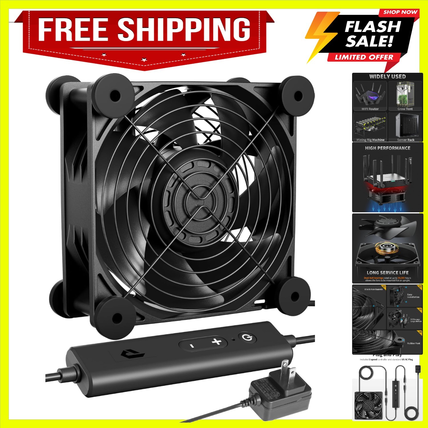 12V 120mm Muffin Fan, 5-Speed Adjustable - Dual Ball Bearing, 60000H Lifespan...