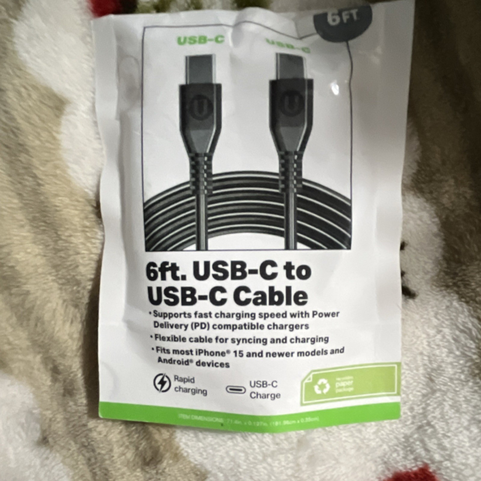 U-YOUSE 6ft USB-C to USB-C Cable Black Fast Charging Power Delivery (PD)