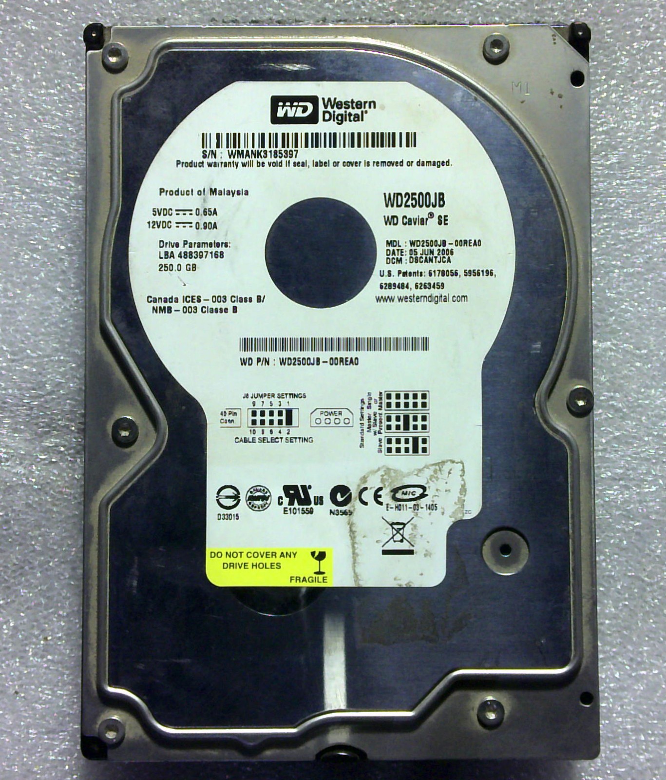 Western Digital Marvell - WD2500JB-00REA0 - 250GB - DSCANTJCA - 20.20M - SN: WMA