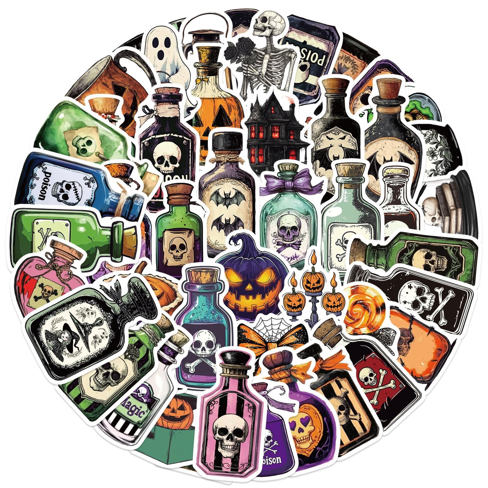 50pcs Retro Halloween Potion Stickers,Skull Pumpkin 2-2.5 inch, Potion50