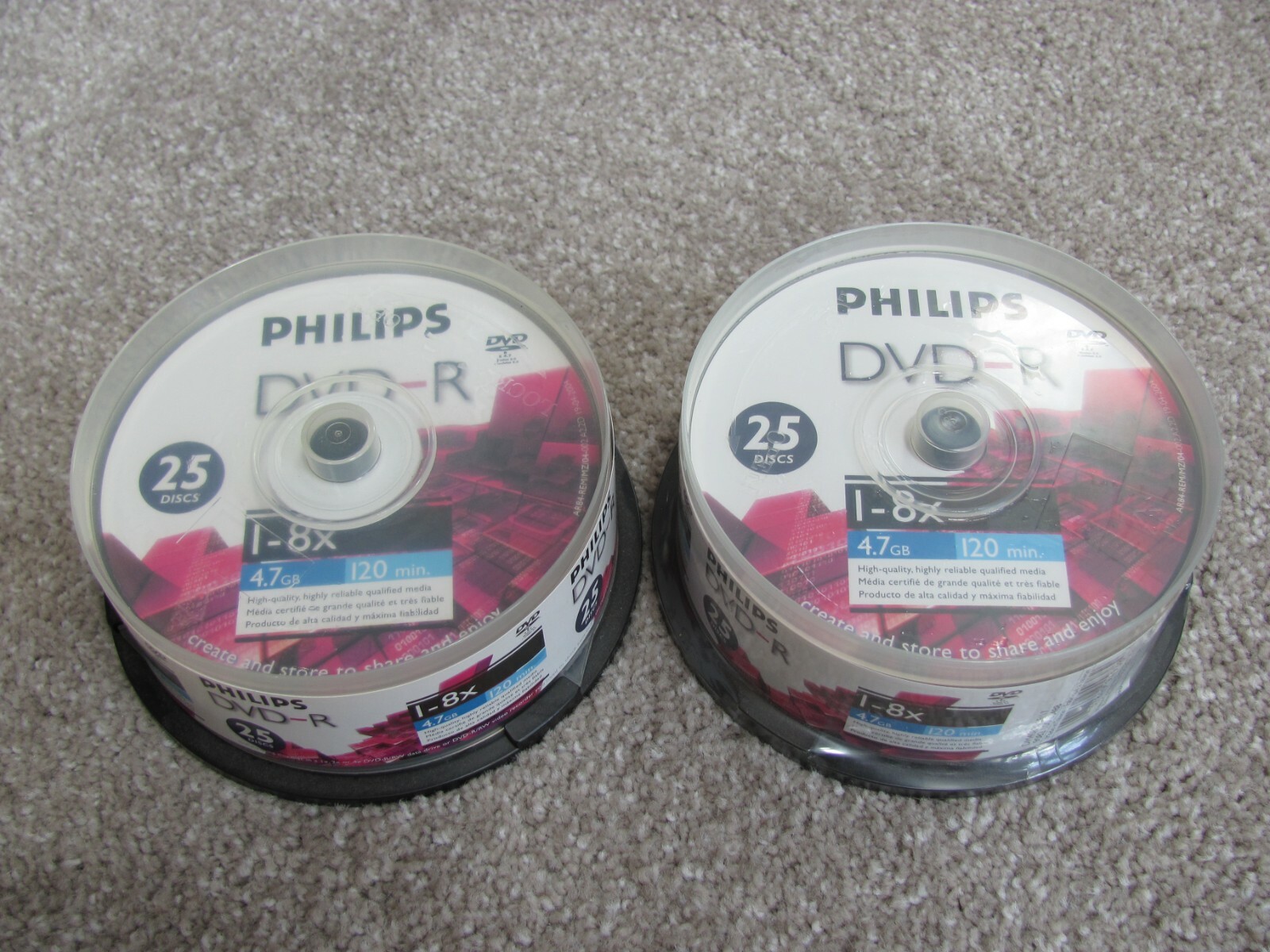 Lot of 2 Philips DVD-R 25 Discs 4.7 GB 120 Min 1-8x (DM4S8B25F/17) Brand New