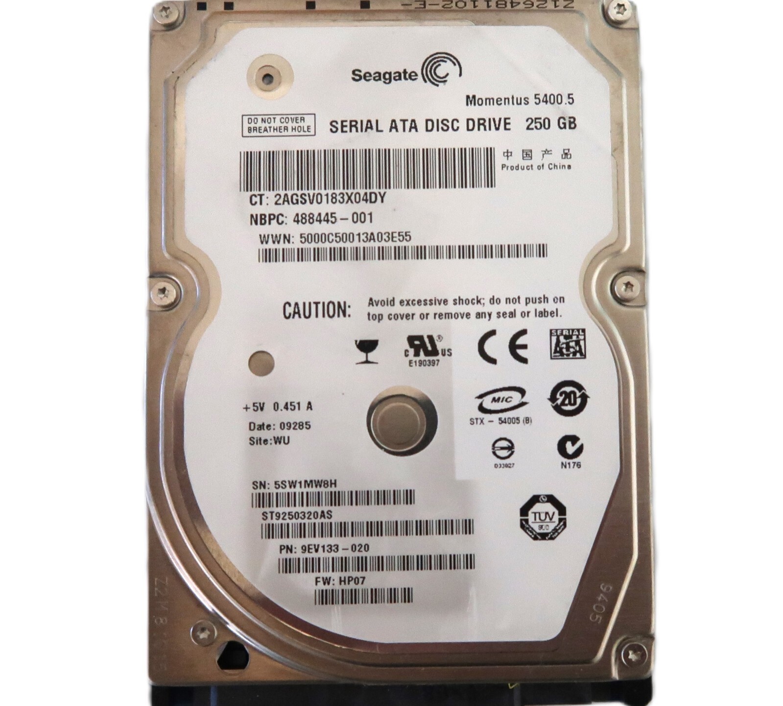 Seagate ST9250320AS 9EV133-020 FW:HP07 (5SW) WU China 250gb 2.5" Sata HDD 2009