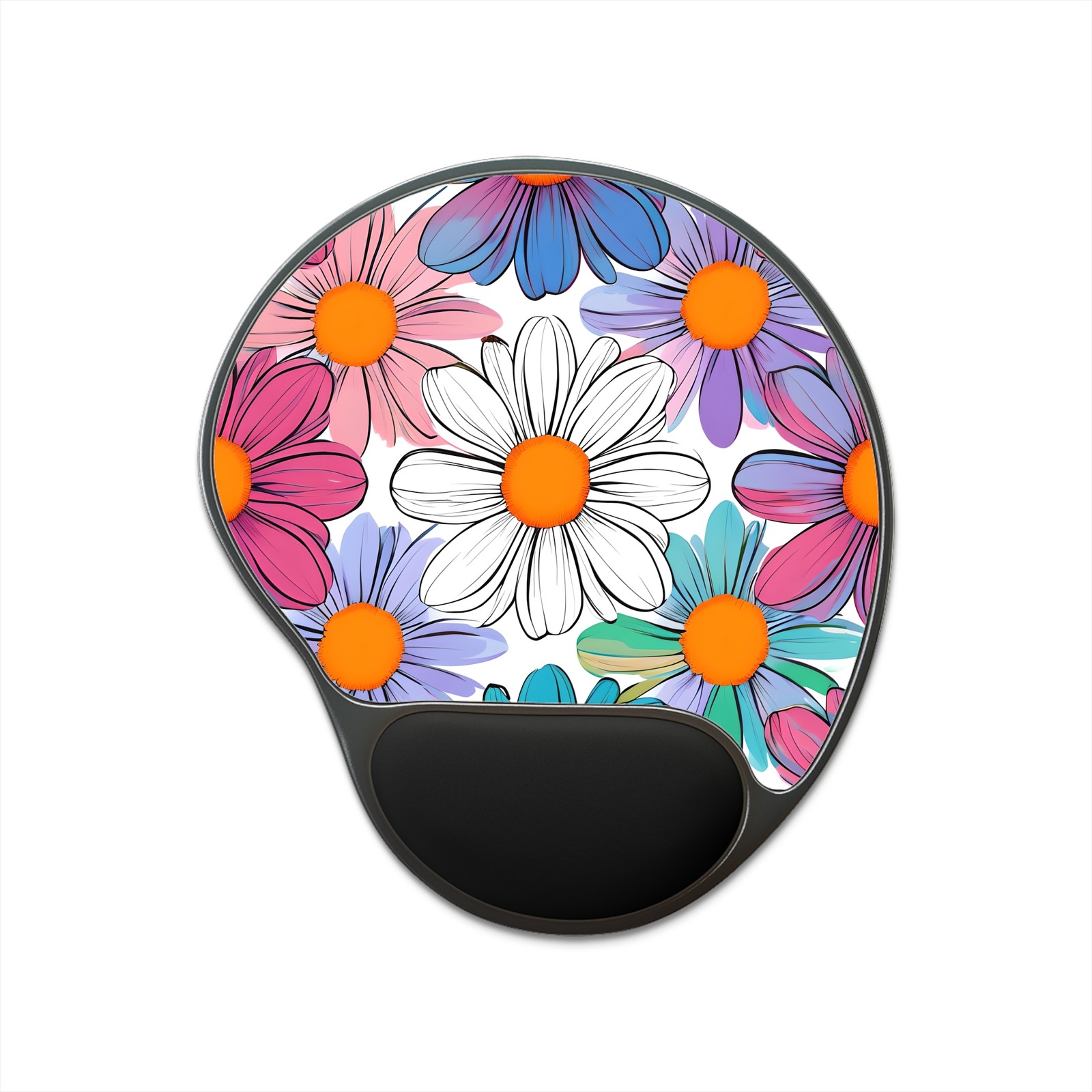 Colorful Daisy Pattern Mouse Pad with Wrist Rest | Floral Office Desk Mat