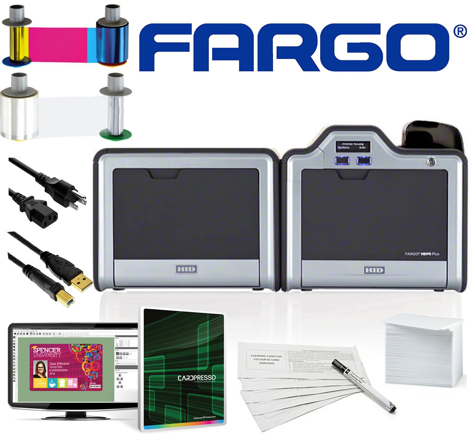 Fargo HDPii PLUS Duplex ID Card Printer / Encoder + Software & Supplies Bundle