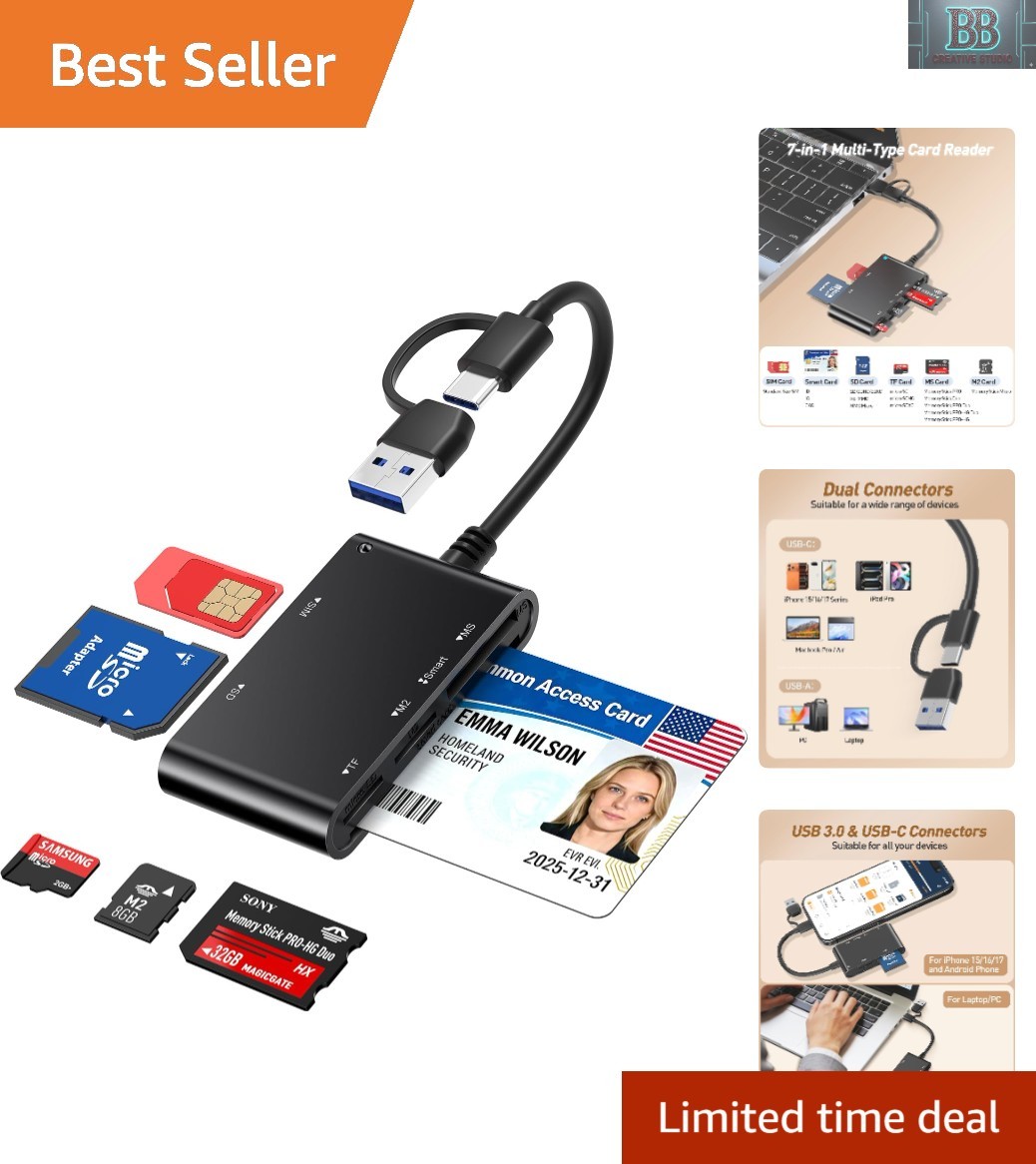 Multi-Functional 7-in-1 Card Reader - Supports Military CAC, PIV, SIM, SD & More