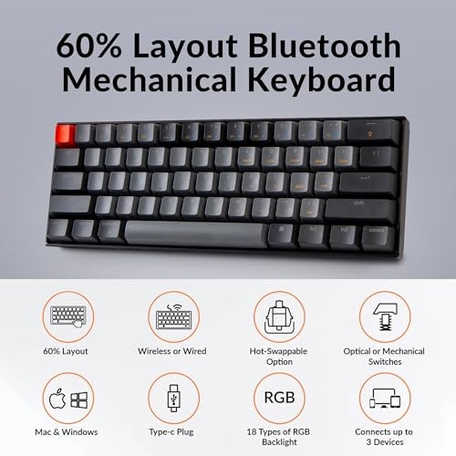 KEYCHRON K12 RGB WIRELESS MECHANICAL KEYBOARD - HOT-SWAPPABLE - BLACK/GRAY
