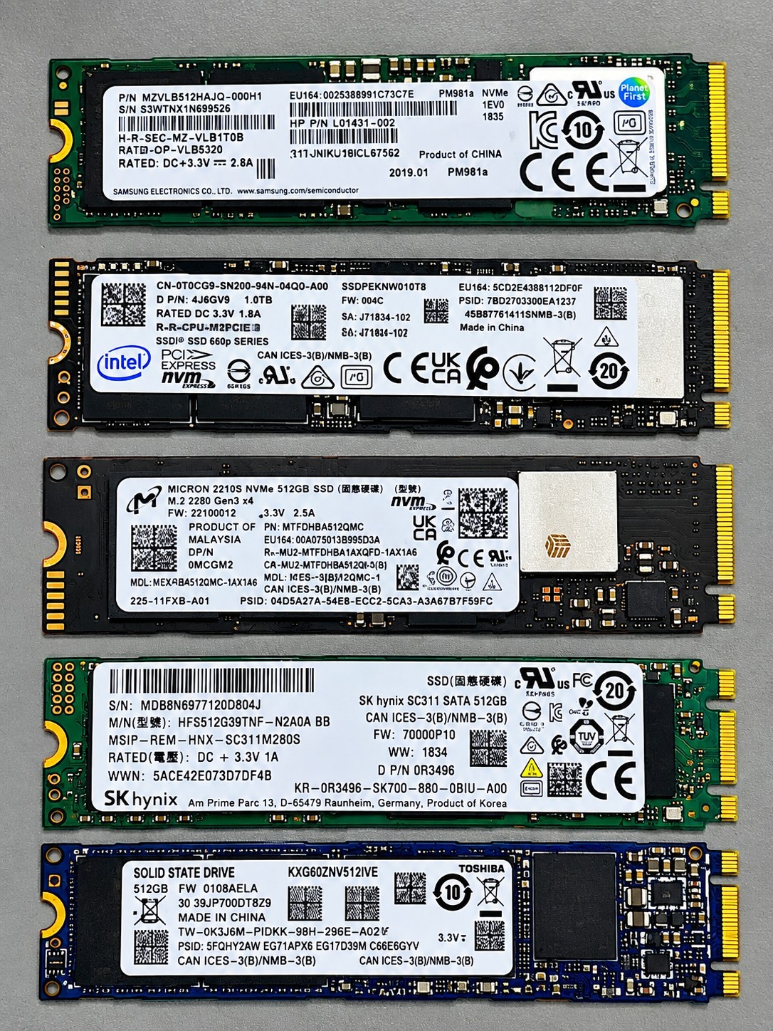Lot of 5 M.2 &  NVMe SSD SATA Mix Brand Samsung  Micron SK Hynix Toshiba 512GB