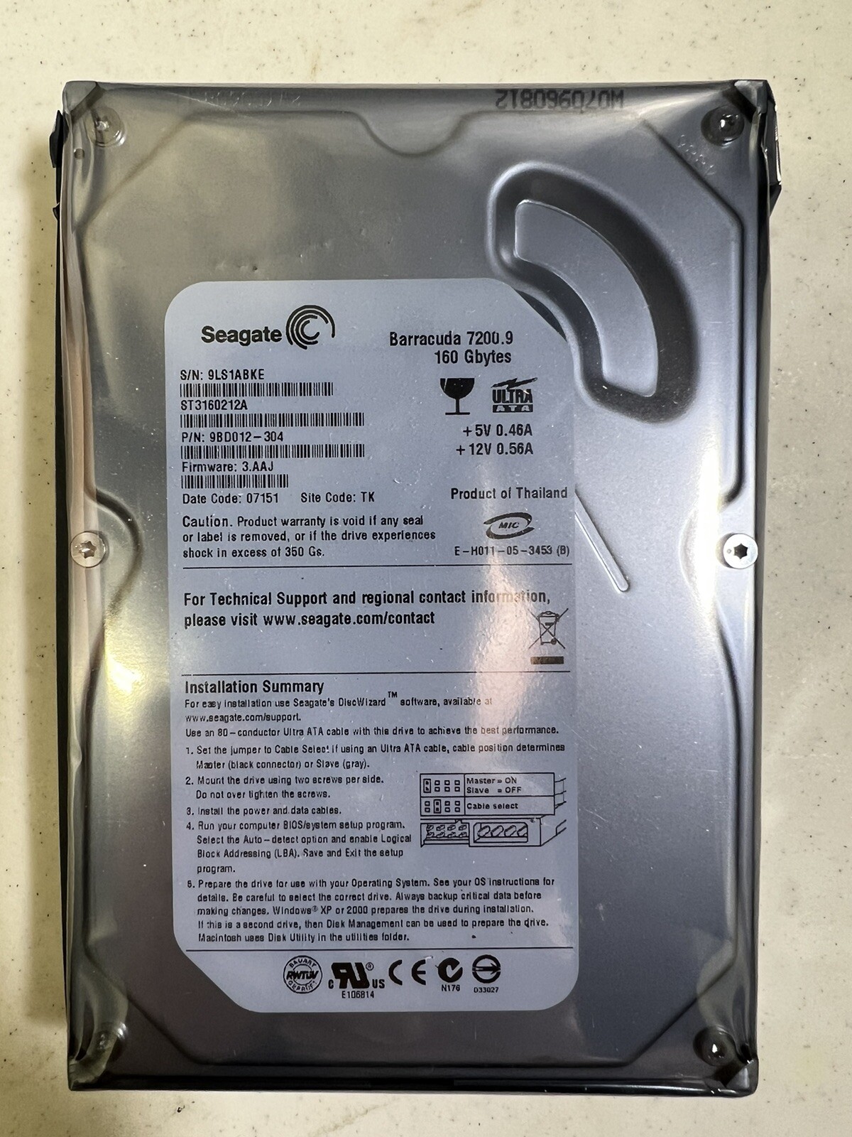 ST3160212A, 9BD012-304, 3.AAJ, TK, 9LS1, SEAGATE SATA 160GB