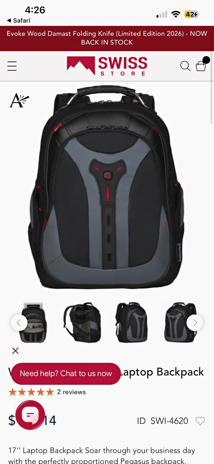 Wenger Pegasus 17 in Laptop Backpack Padded Nylon Black/Gray/Red SWI-4620