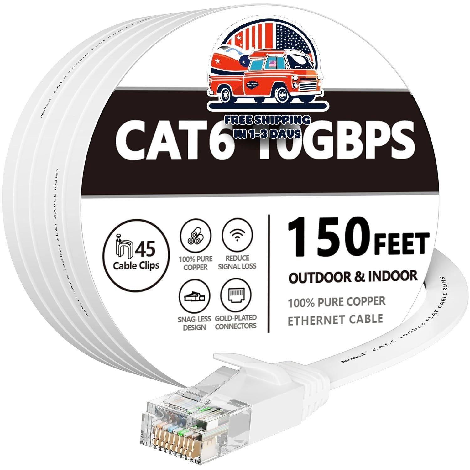 Cable Ethernet Cat6 150FT alta velocidad 10Gbps, Cable de red plano, con clips.