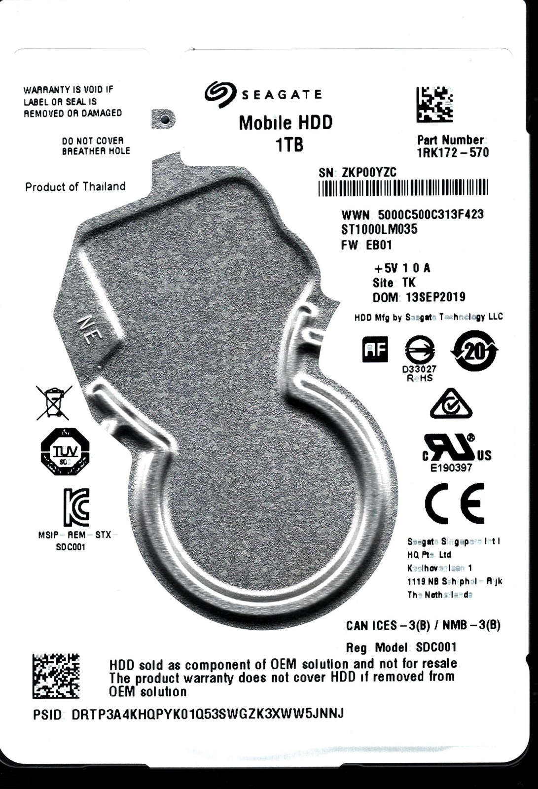 ST1000LM035 P/N: 1RK172-570 F/W: EB01 S/N: ZKP00 1TB SEP 2019 THAILAND SEAGATE