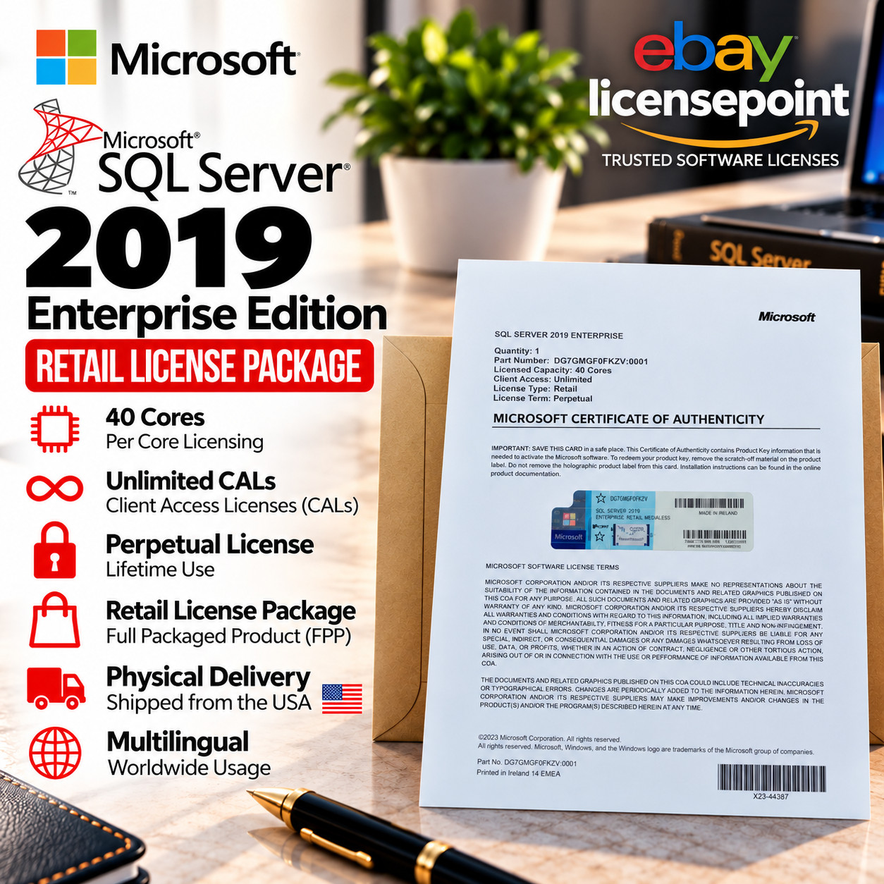 Microsoft SQL Server 2019 Enterprise 40 Core Unlimited CAL Retail License FPP