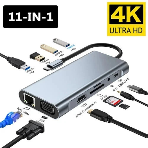 USB Type C Hub 11 in 1 Type-C to 4K HDMI-compatible VGA Adapter RJ45 Lan