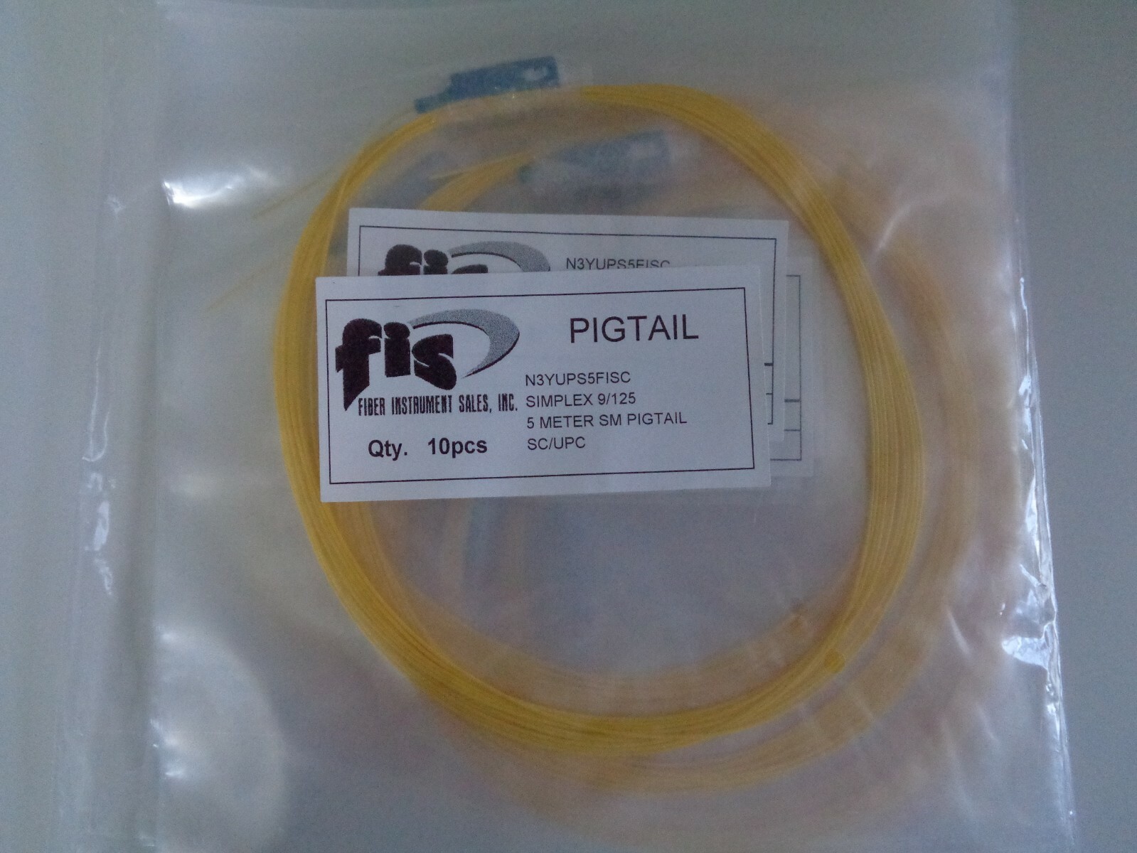 FIS Fiber Pigtail SC/UPC 5M Long Simplex 9/125 Yellow Jacket (Pack of 10) - New 