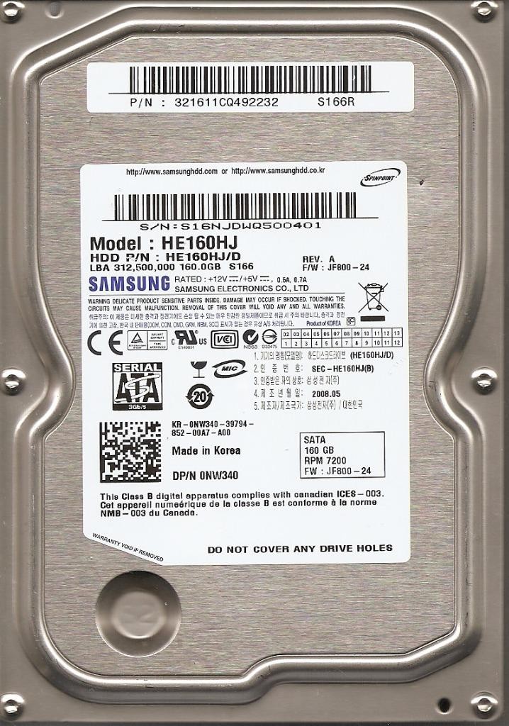 Samsung HE160HJ  pn:HE160HJ/D sn:S16N  pn: 321611CQ492232 160GB SATA  C4-14