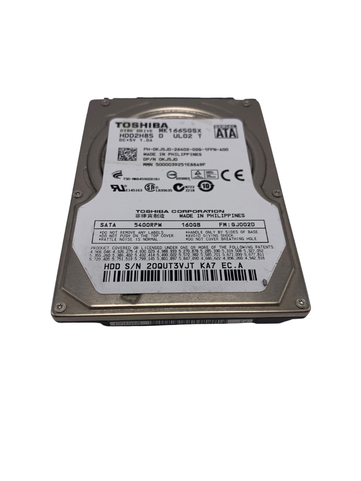 Dell KJ5JD Toshiba 160GB 5400RPM SATA 2.5" Hard Drive MK1665GSX w60