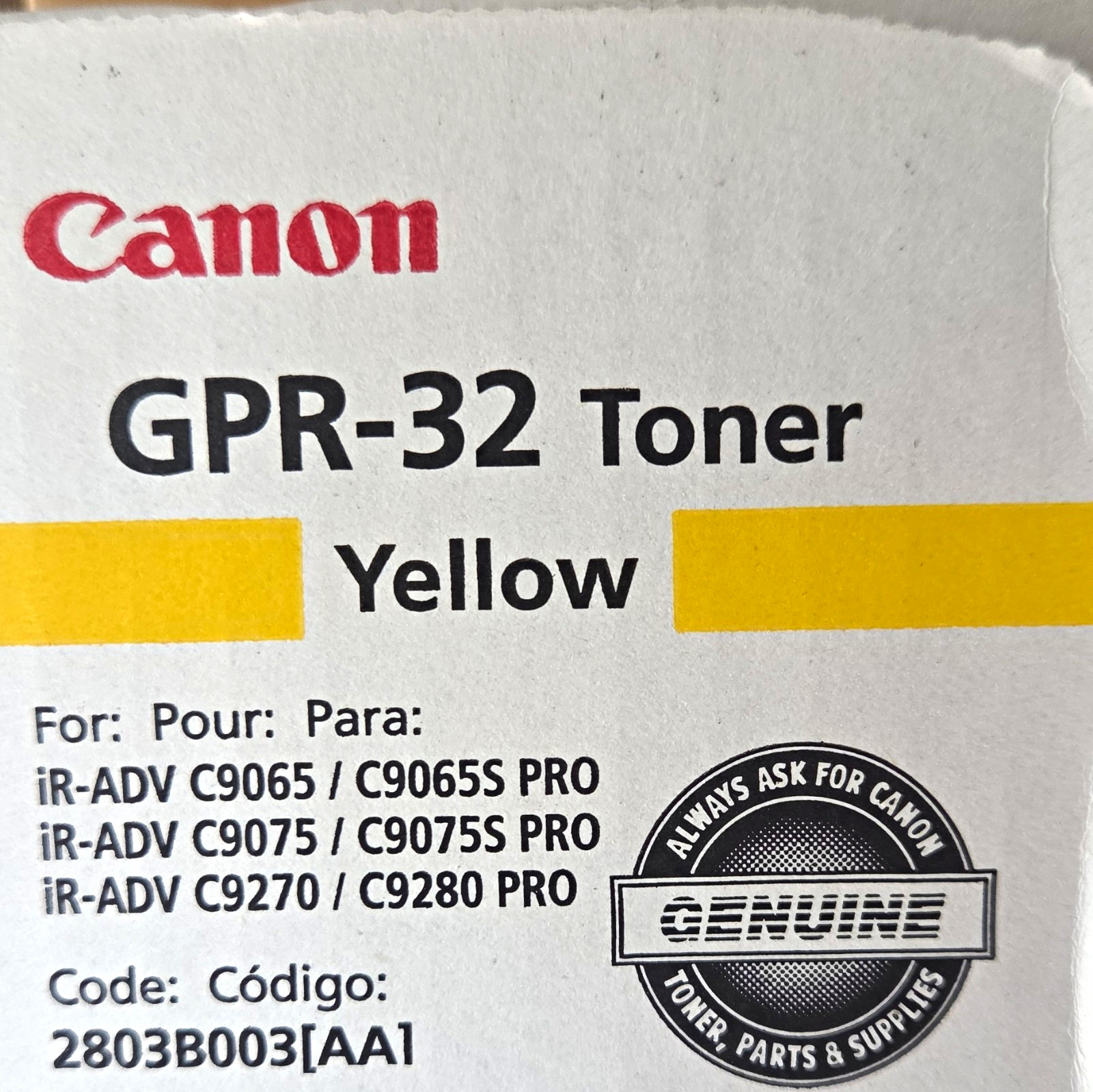 Canon GPR-32 Yellow Genuine/Original Laser Toner Cartridge MPN 2803B003[AA1]