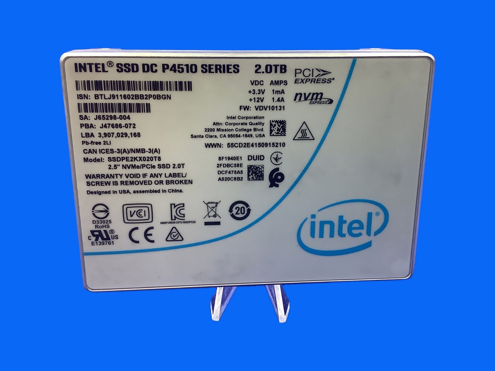 SSDPE2KX020T8 INTEL DC P4510 2TB PCIe NVMe U.2 2.5in SSD
