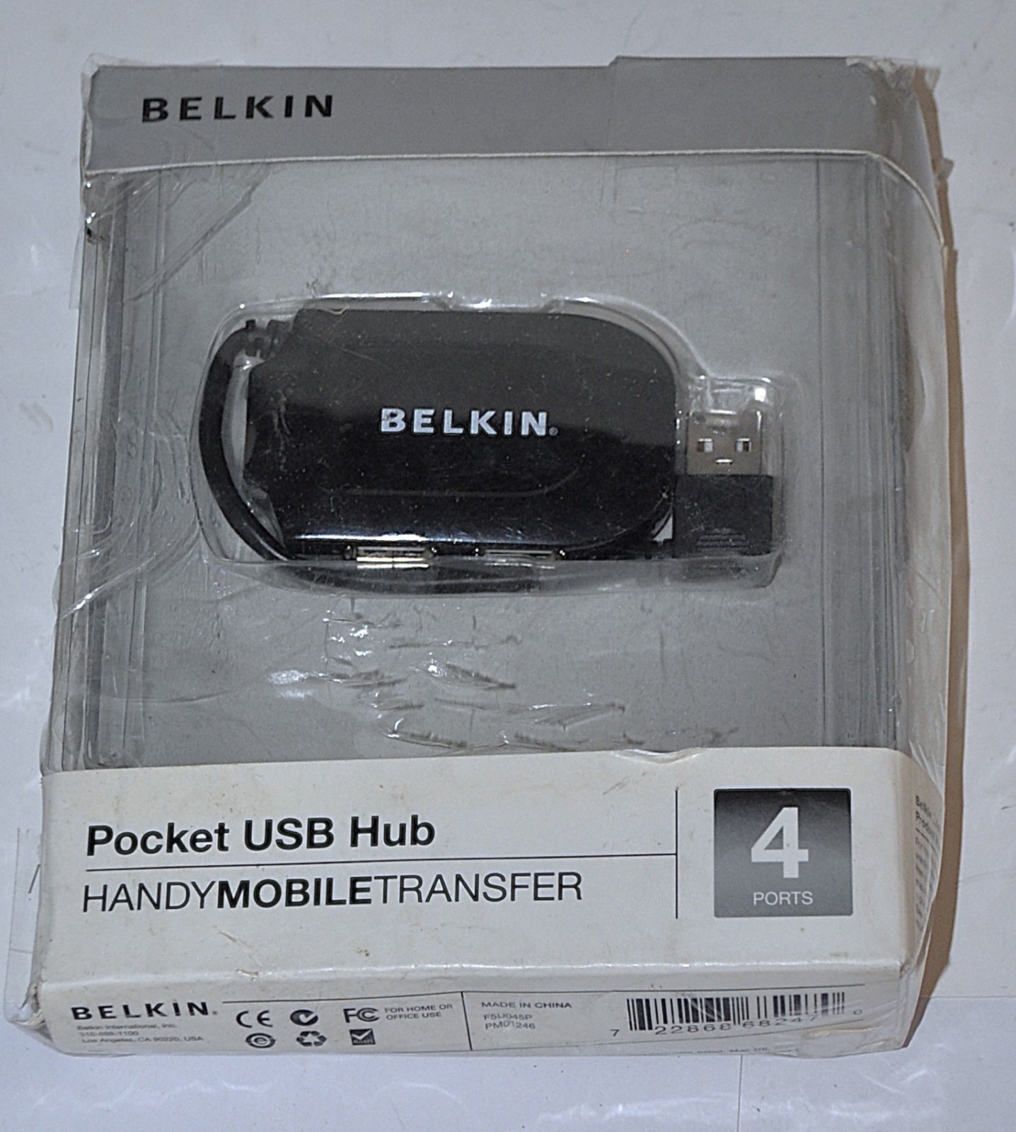 BELKIN POCKET USB HUB ADDS 4 PORTS  NEW IN WORN PACKING SCHOOL SURPLUS