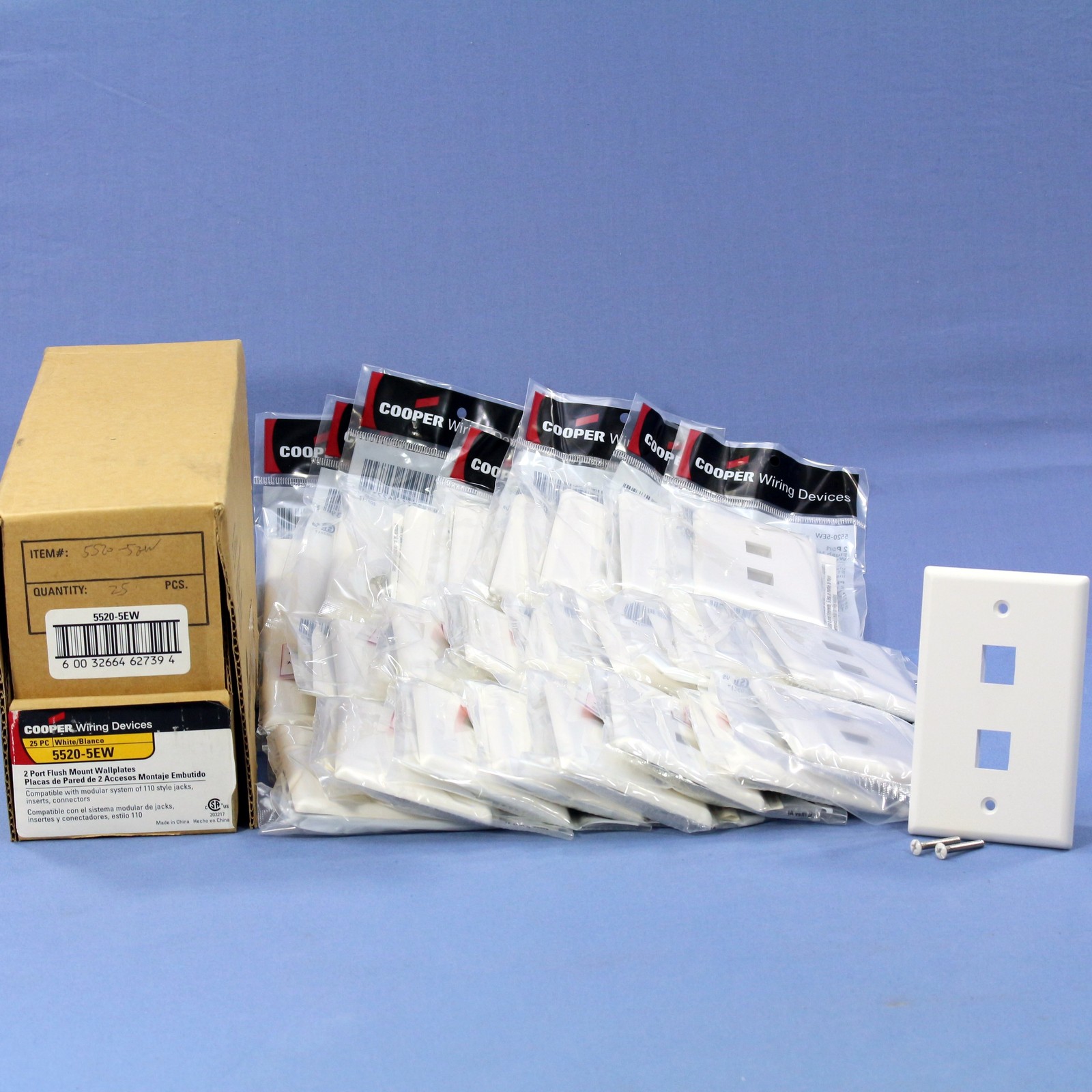 Cooper 5520-5EW White 1-Gang Modular 2-Port Thermoplastic Nylon Wallplates 25pcs