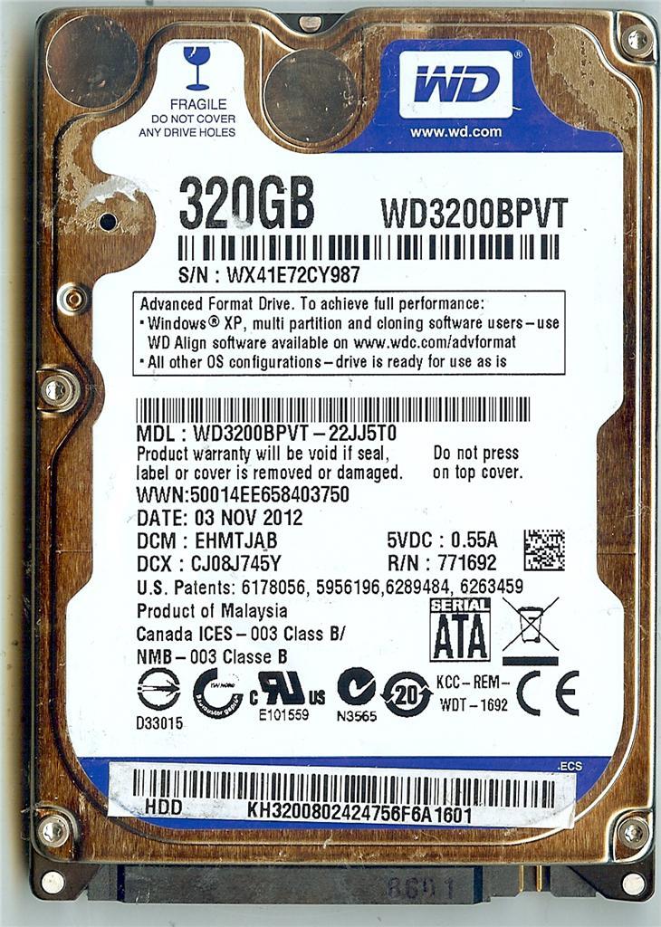 WESTERN DIGITAL WD3200BPVT-22JJ5T0 320GB SATA HARD DRIVE DCM: EHMTJAB